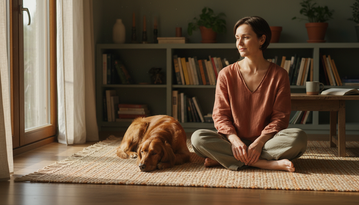 Eye-level view of a calm person sitting quietly near a resting dog in soft indoor light.