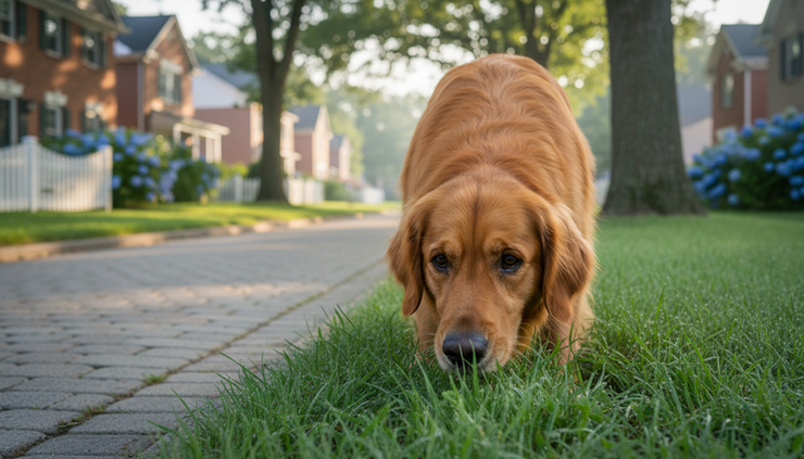 Eye-level view of a relaxed dog sniffing grass during a slow walk