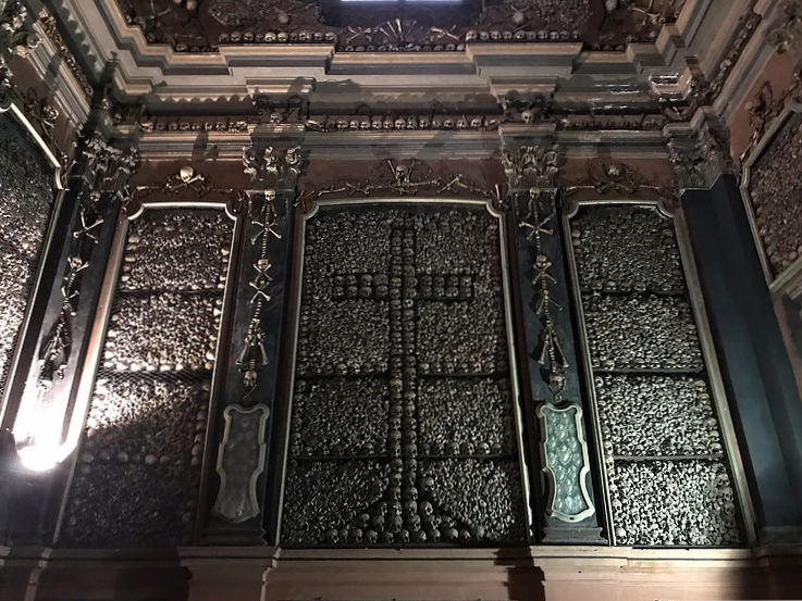 Inside the San Bernardino alle Ossa showing the room full of skulls and bones along the walls and ceiling, a free site to visit in Milan.