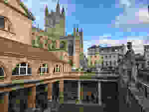 View of Bath Abbey from the Roman Baths in Bath, England