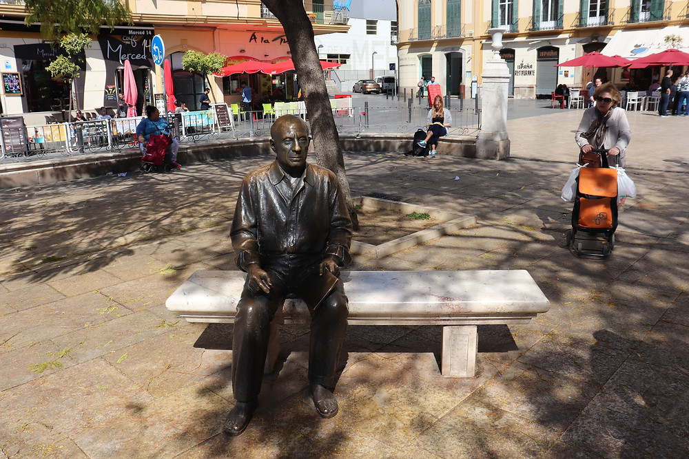 Picasso statue sitting in Malaga plaza, Spain