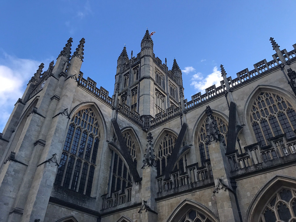View of Bath Abbey from the street below outside, Bath, England