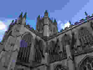 View of Bath Abbey from the street below outside, Bath, England