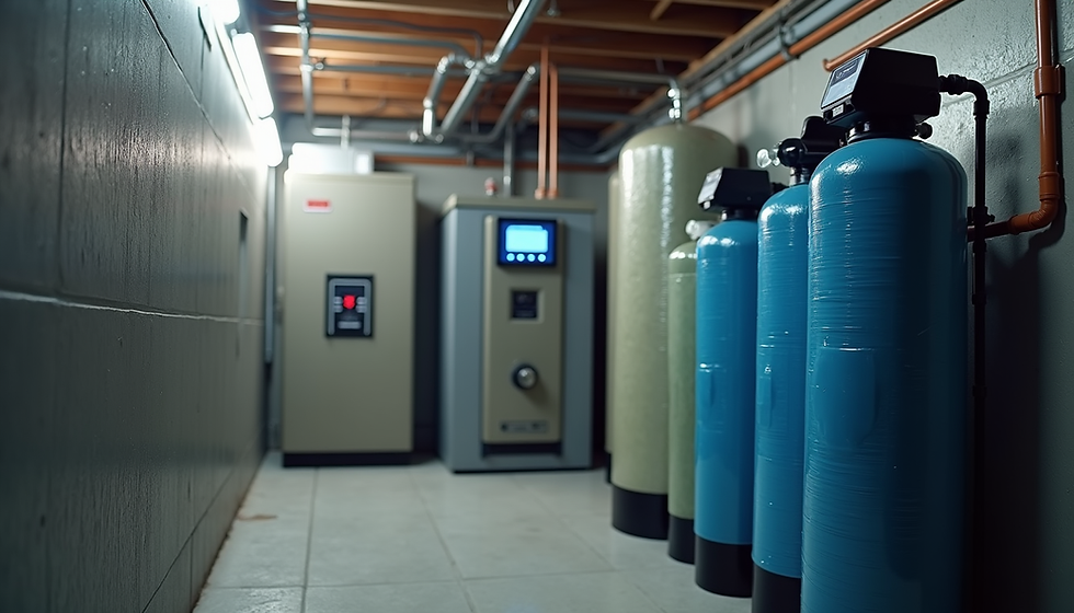 Utility room with heating and water filtration systems.