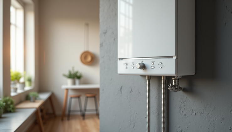 Close-up view of a wall-mounted tankless water heater with digital controls