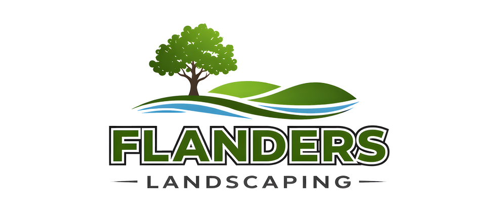 Logo for Flanders Landscaping featuring a green tree, hills, and river.