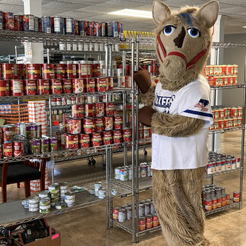Buffalo Mascot in a white shirt and canned goods in the background.