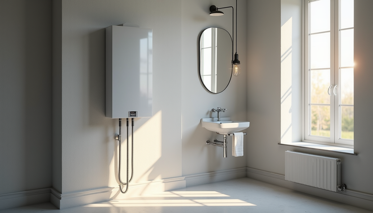 High angle view of a modern bathroom with a tankless water heater installed nearby