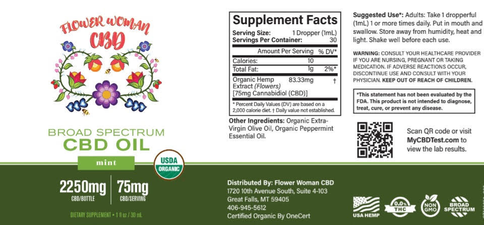 Flower Woman CBD oil label: Supplement Facts, serving size, ingredients, contact info
