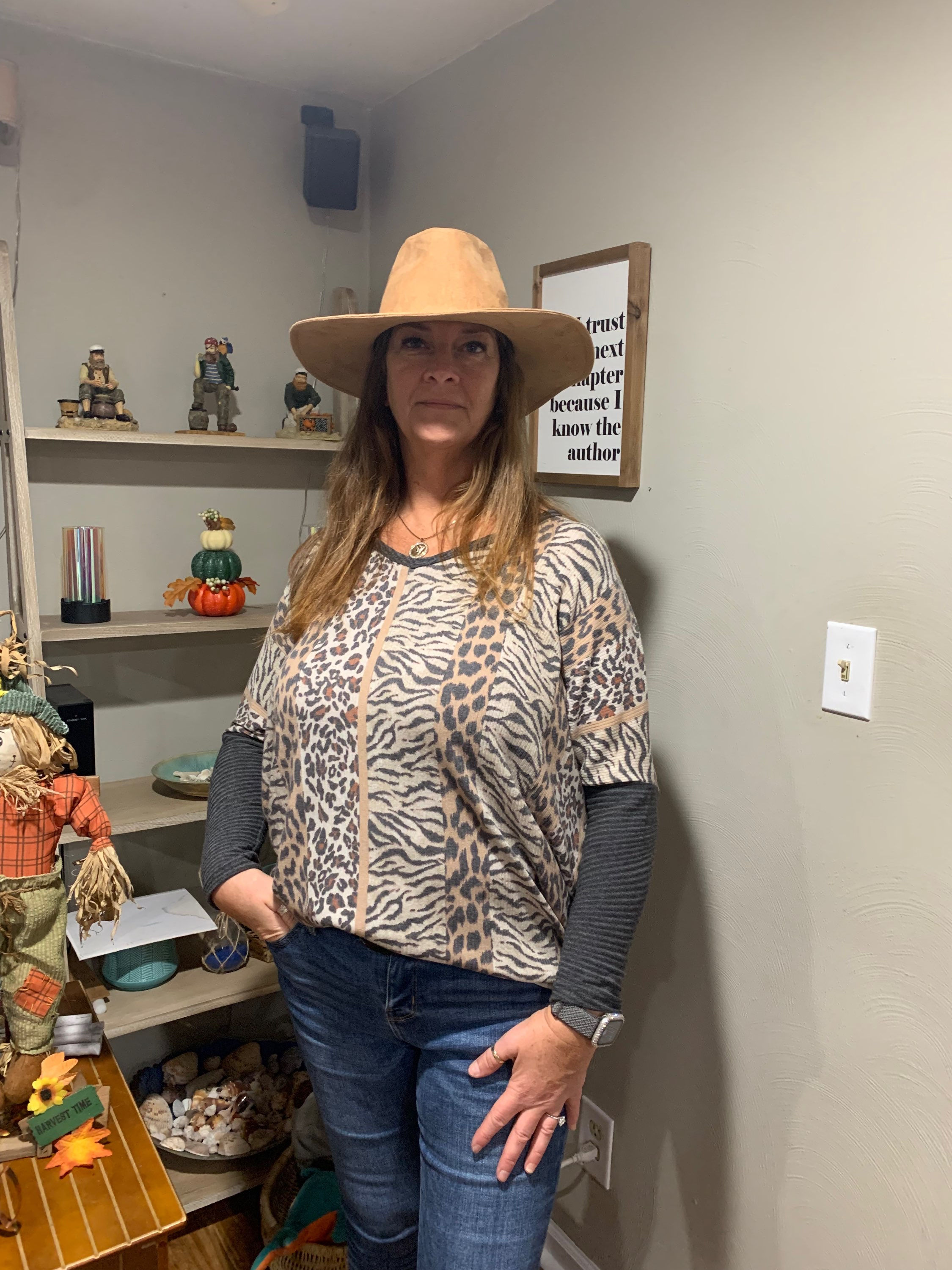 00027 - Khaki leopard print top. Regular and plus size