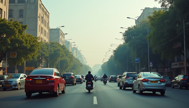 Eye-level view of a busy Delhi street with vehicles and clear sky
