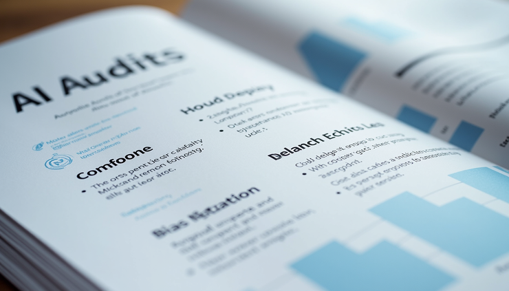 Close-up view of a transparent AI model audit report with highlighted ethical compliance sections
