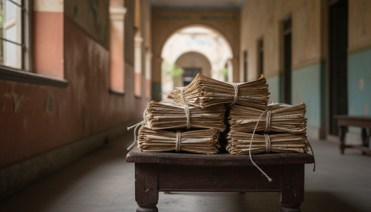 Eye-level view of a stack of anonymised campus complaint files tied with cotton string.
