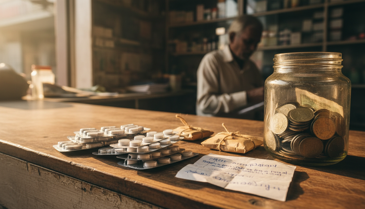 Eye-level view of medicine strips and prescription slips on a small pharmacy counter