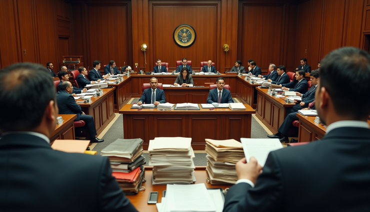 High angle view of a crowded courtroom with stacks of case files