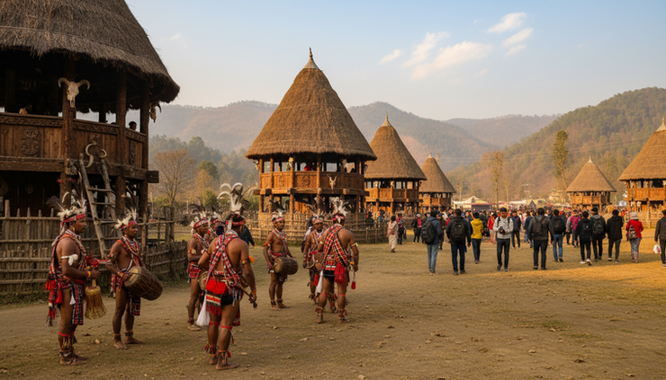 Wide-angle view of a tribal festival ground with performers waiting near traditional wooden structures.