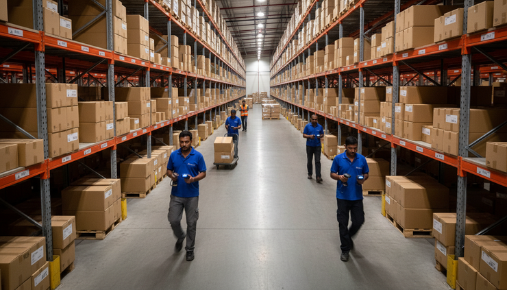 High-angle view of a packed warehouse aisle with workers walking between tall shelves and cartons.