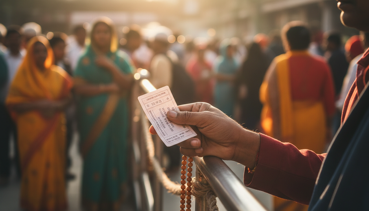 Close-up view of a pilgrim holding a darshan ticket and prayer beads