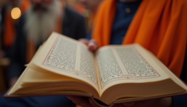 Close-up view of a Sikh prayer book opened during a spiritual ceremony