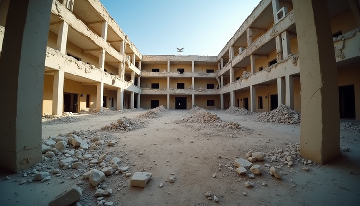 Eye-level view of a damaged school building in Iran after airstrikes