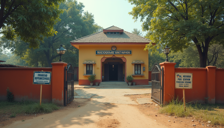 High angle view of a police station entrance with a sign in a rural Indian town