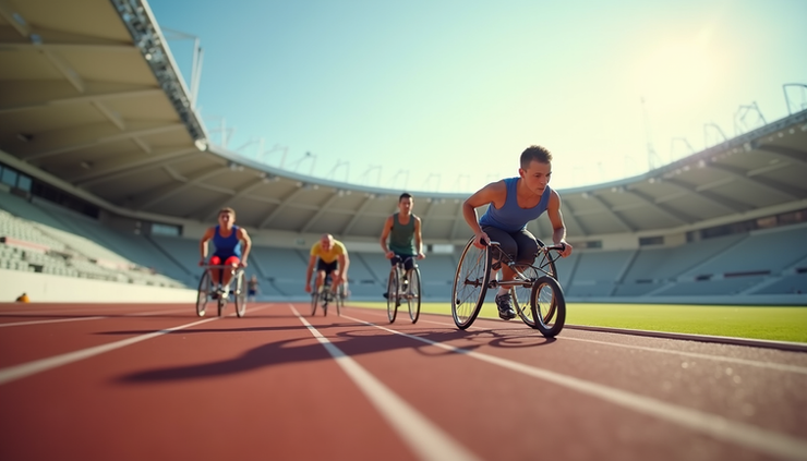 Eye-level view of the Jawaharlal Nehru Stadium track with athletes preparing for a race