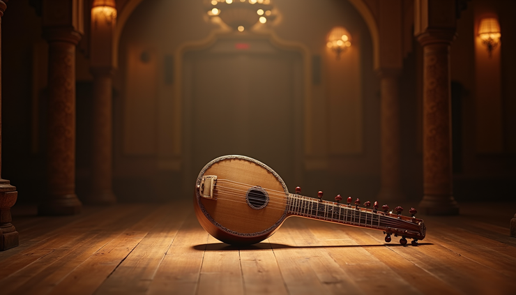 Eye-level view of a sitar resting on a wooden floor in a dimly lit room