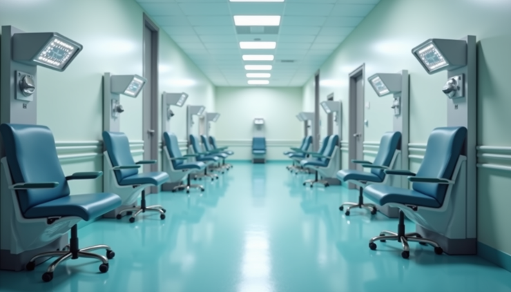 Eye-level view of a medical clinic corridor with empty chairs and sterile equipment