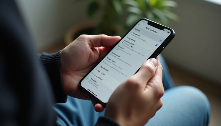 High angle view of a person adjusting smartphone microphone permissions