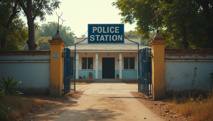 Eye-level view of a rural police station entrance with a signboard in Hindi