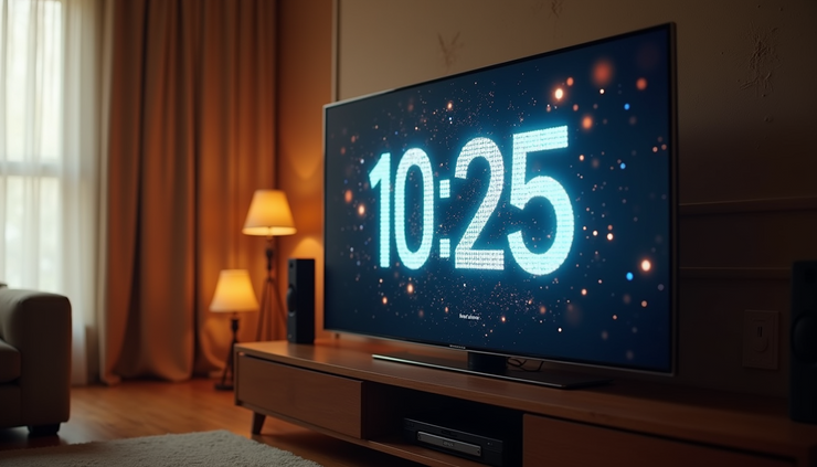 High angle view of a TV screen showing the Golden Globes live stream with a countdown timer