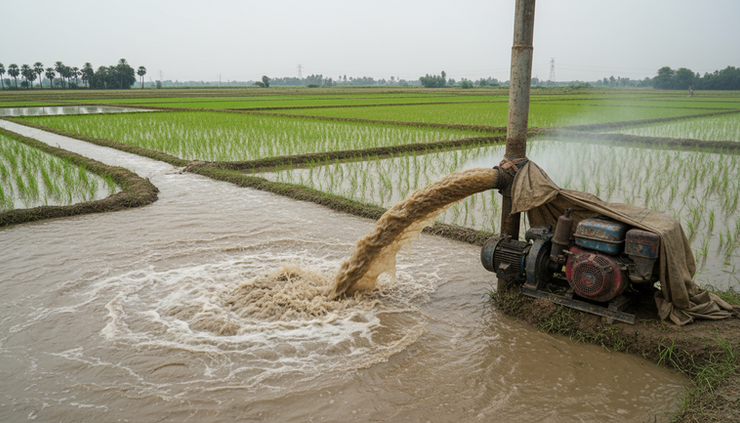 Close-up view of a running tube well pipe pouring groundwater into a paddy field in Punjab.
