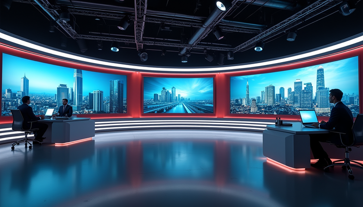 Eye-level view of a large television studio with multiple news channels broadcasting