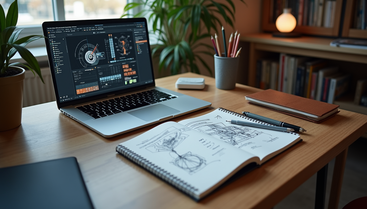 High angle view of a digital creative’s workspace with AI tools on screen and sketchbook