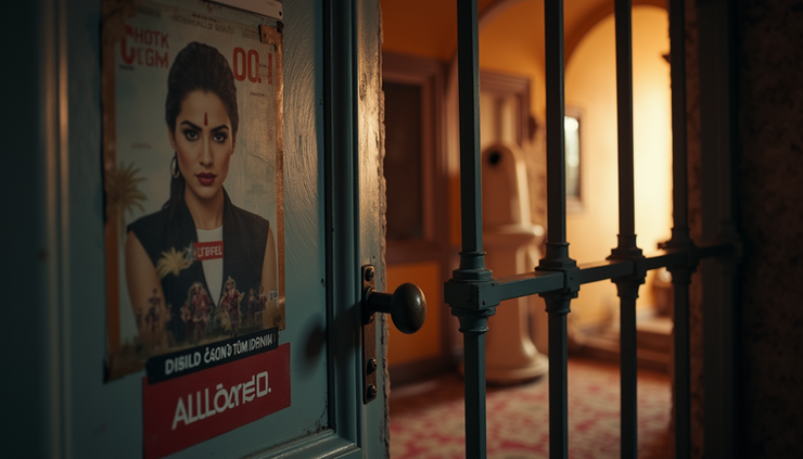 High angle view of a closed door with a Bollywood film poster partially visible