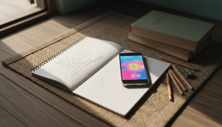 Overhead view of a notebook with family phone rules beside a smartphone and school books