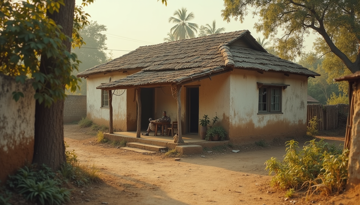 High angle view of an old family home in Maharashtra, simple and modest