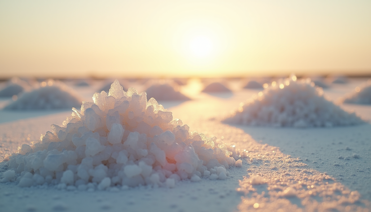 Close-up view of crystallized salt heaps in the Little Rann of Kutch
