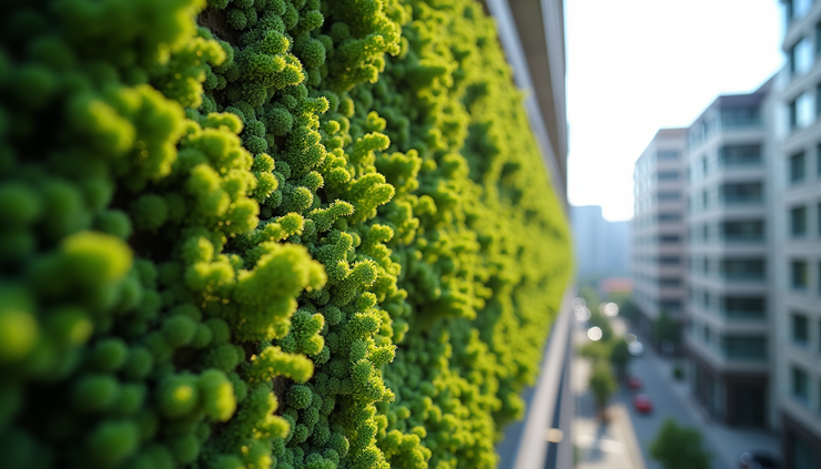 Eye-level view of a building facade covered with algae panels absorbing carbon dioxide