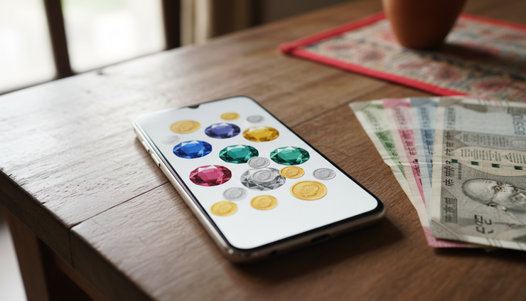 Close-up view of a smartphone showing abstract gems and coins beside Indian rupee notes