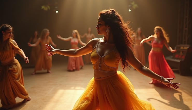 High angle view of a Bollywood dance rehearsal with a female performer practicing choreography