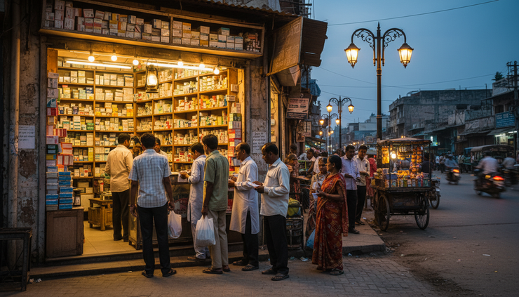 Wide-angle view of a busy street-side medicine shop with customers waiting outside
