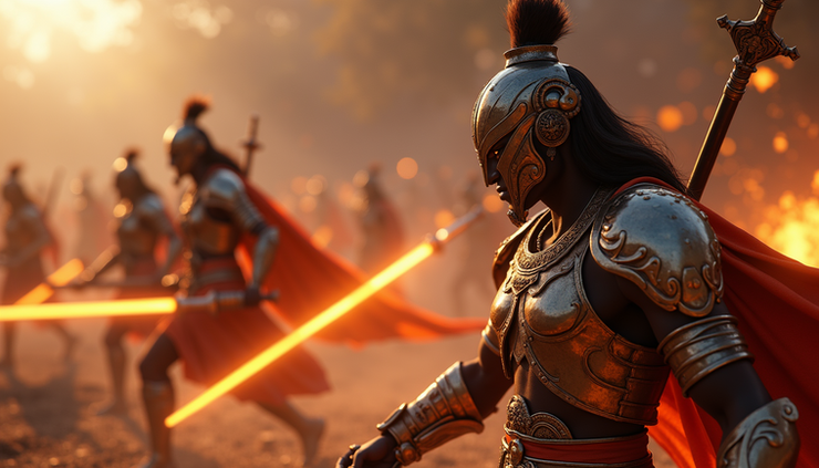 Close-up view of AI-generated animated depiction of a mythological battle scene