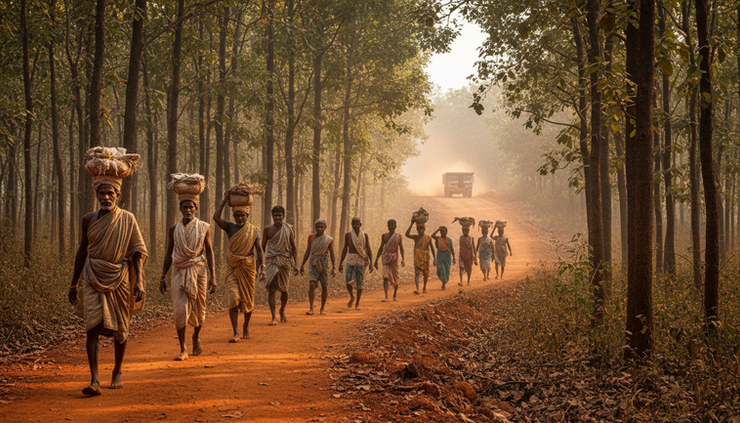 Low-angle view of Adivasi villagers walking along a red-soil path near sal forest and mining trucks.