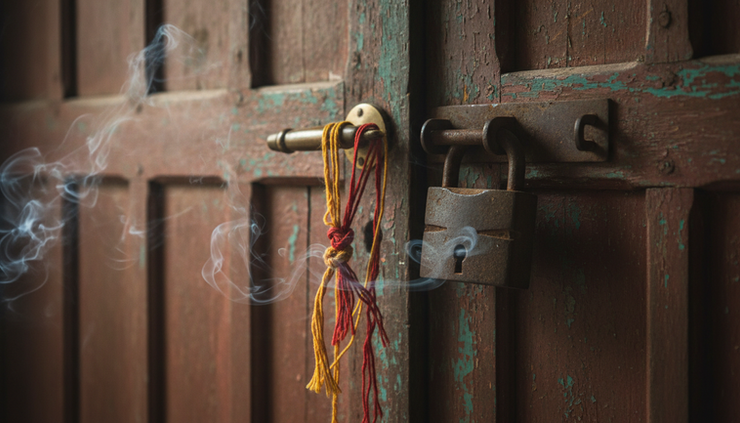 Close-up view of a locked wooden door with a prayer thread tied around the handle