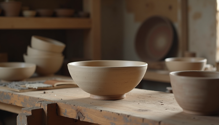 Close-up view of a handmade ceramic bowl on a wooden table in a local artisan workshop
