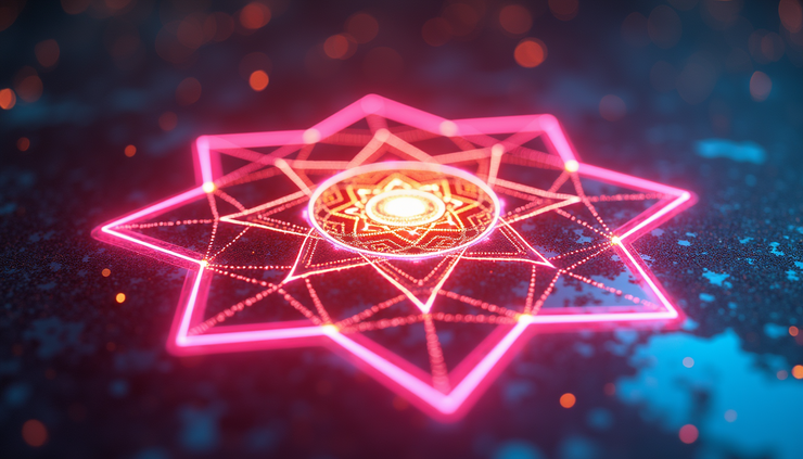 Close-up view of glowing neon Sri Yantra digital art