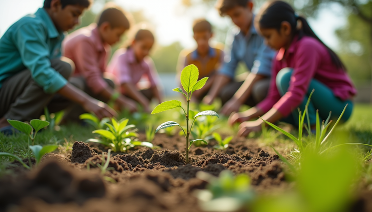Eye-level view of a group of Indian students planting saplings in a school garden