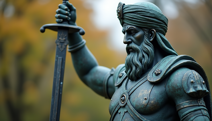 Eye-level view of a traditional Sikh warrior statue holding a sword
