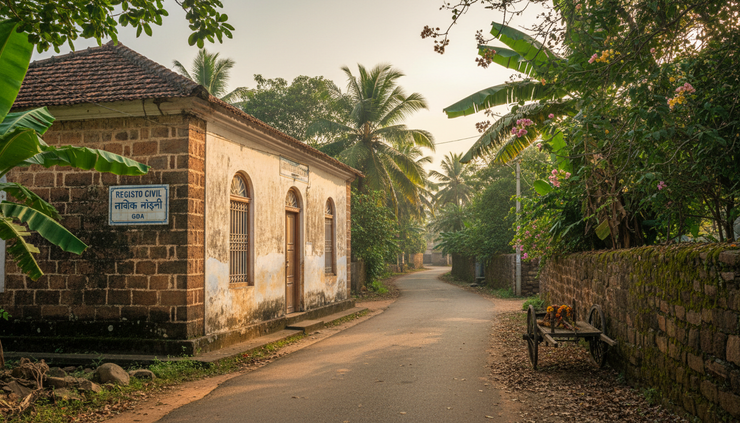 Wide-angle view of a quiet Goan lane with an old civil registry building